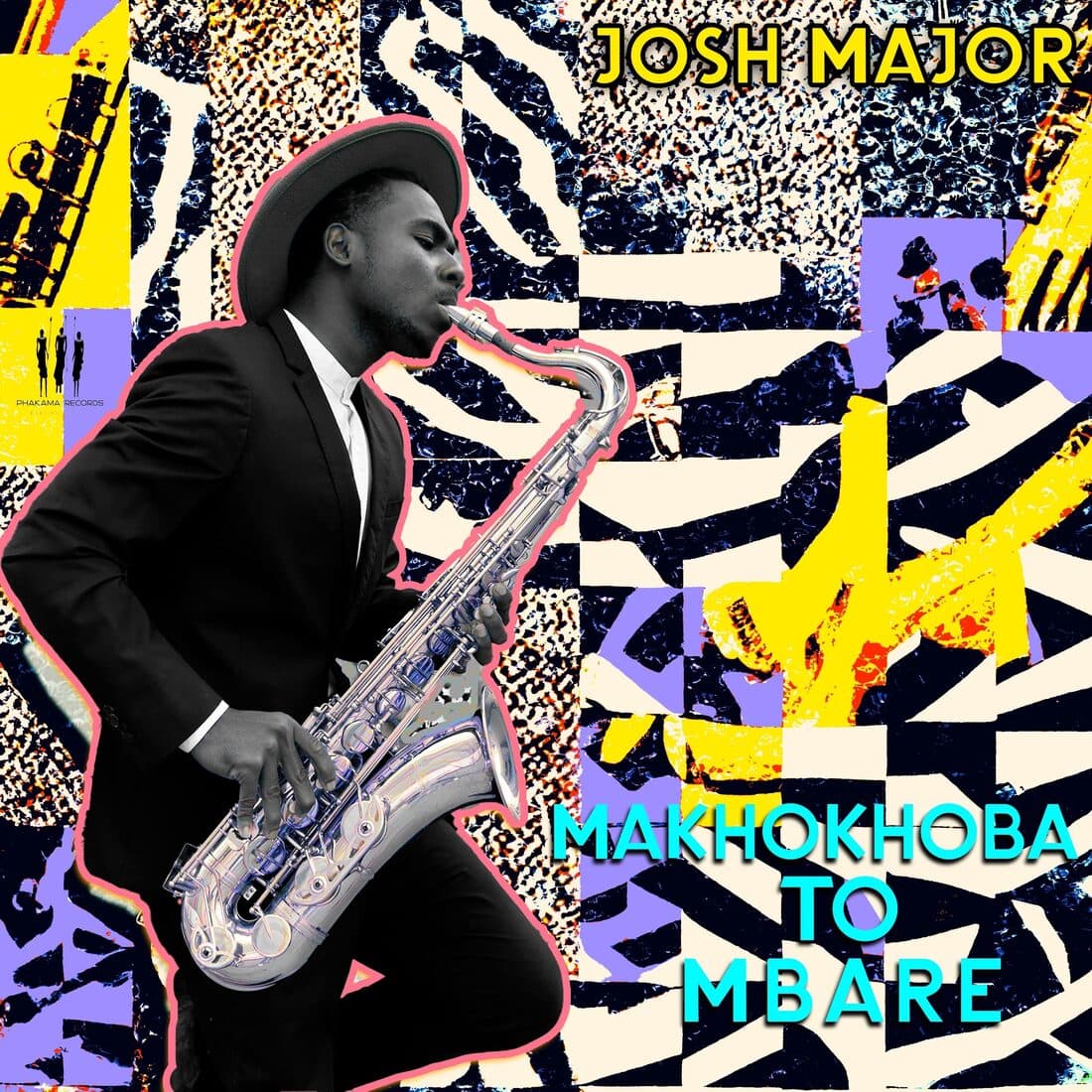 Makhokhoba to Mbare cover: a saxophonist on a zebra-pattern collage